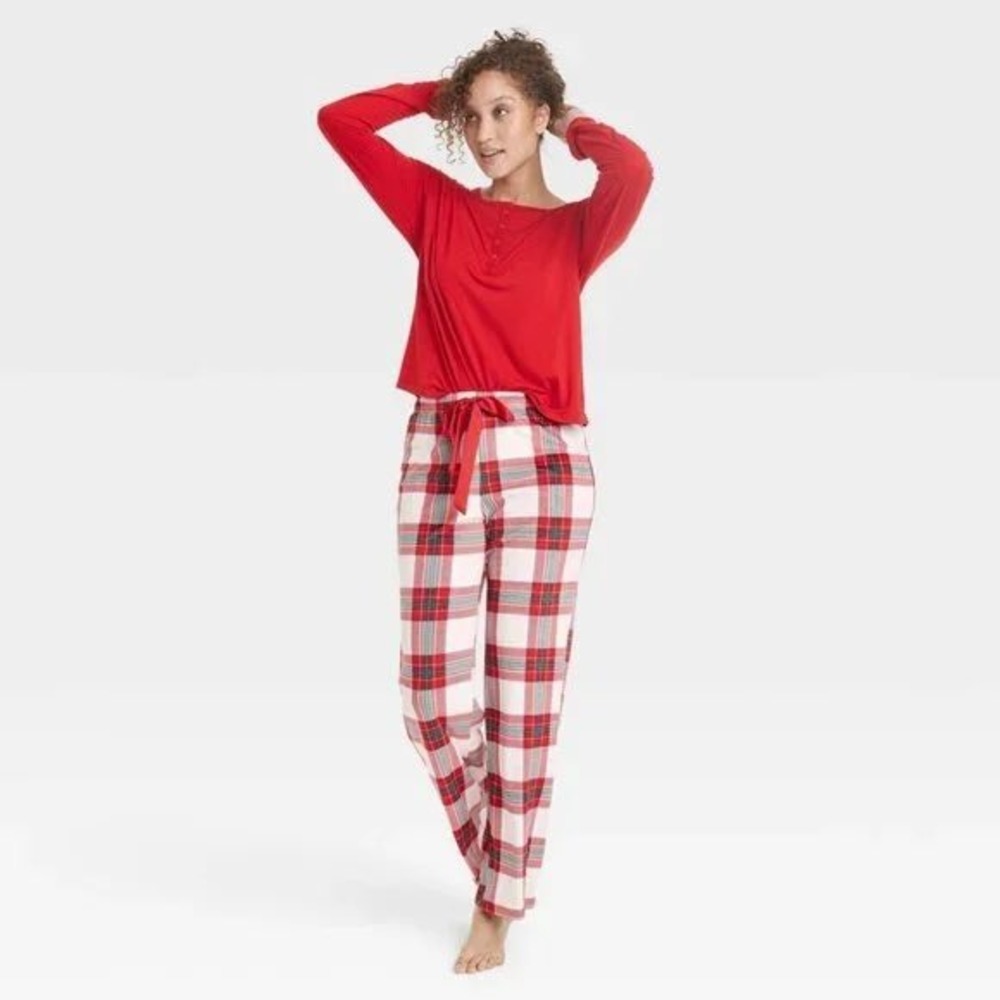 Stars Above Cozy Fleece Pajama Pants Plaid Satin Ribbon Tie Winter Women's‎ Sz M